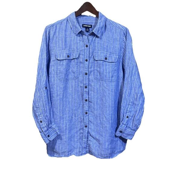 Land's End Womens 100% Linen Blue Striped Size 1X Minimalist Coastal Beachy - Picture 1 of 9